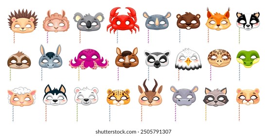 Cartoon carnival party animal masks on sticks. Vector photo booth props. Lion, koala, crab and hedgehog, sheep, rhinoceros, beaver or raccoon. Rabbit, octopus, horse and lemur, eagle, tortoise, sloth