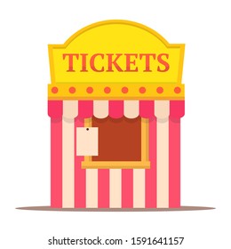 Cartoon carnival striped ticket booth kiosk isolated on white. Flat cinema, circus, theater, amusement park tent element with empty window. Entertainment and fun access purchase. Vector illustration