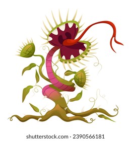 Cartoon carnivorous plant. Flytrap or flower predator. Angry flowers with teeth. Fantasy scary flower