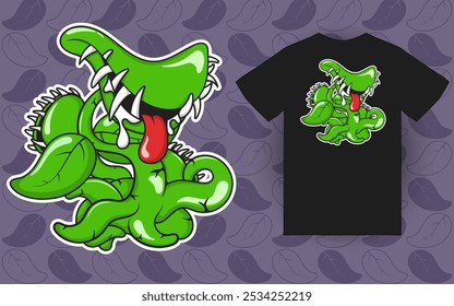 Cartoon carnivorous plant monster illustration, suitable for t-shirt design, sticker, poster etc, vector, eps10, leaf pattern background, editable.