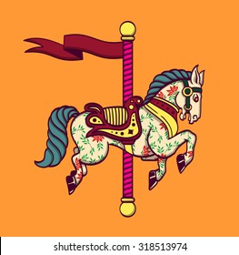 Cartoon carousel horse, funfair carnival merry-go-round pony, amusement park