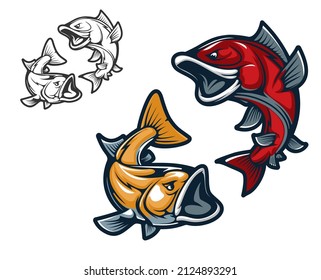 Cartoon carp fish mascots. Isolated characters for sport club emblem, vector. Red and yellow angry fierce carps or big fishes for sport team mascot or fishing emblem