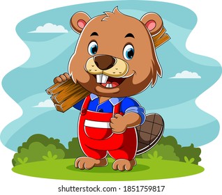 The cartoon of the carpenter beaver holding a board of the wood for making a house