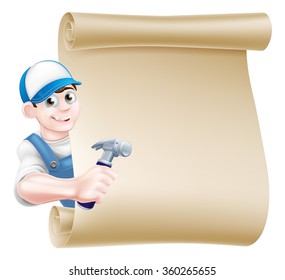 A cartoon carpenter or builder holding a hammer tool and peeking around a scroll