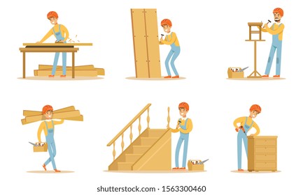 Cartoon Carpenter Character With Tools For Woodworking And Repair Vector Illustration Set Isolated On White Background