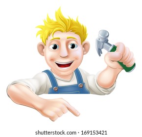 A cartoon carpenter or construction worker with a hammer peeking over a sign or banner and pointing at it