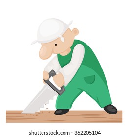 Cartoon Carpenter With Hand Saw. Vector Illustration