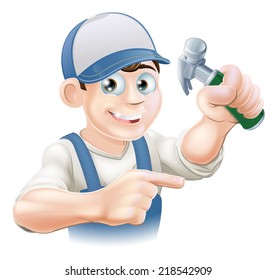 A cartoon carpenter or other construction worker pointing and holding a claw hammer