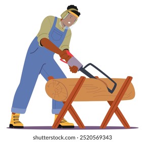 Cartoon Carpenter Performing Woodwork By Sawing A Log In A Workshop Setting, Wearing Protective Gear For Safety. Vector Image Highlights The Craftsmanship And Focus In Woodworking Environments