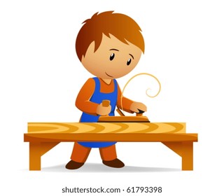Cartoon carpenter rasp the board