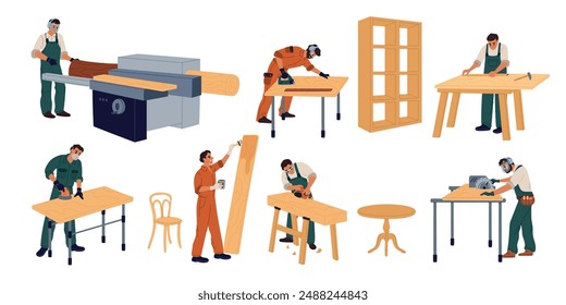 Cartoon carpenters with timber. Professional woodworker planing logs. Man sawing and measuring planks. Furniture manufacture processing. Table or cabinet assembly. Garish