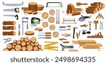 Cartoon carpentry tools and wooden materials. Trees trunks, planks and logs, jigsaws, saws, planes and grinders, timber raw, nature forest construction, isolated on white tidy vector set