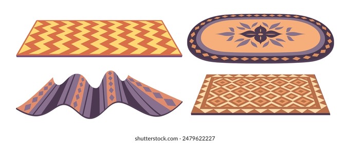 Cartoon carpets. Woven textile rugs, living room, bedroom or bath interior decor flat vector illustration set. Cozy carpets