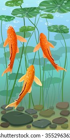 Cartoon carps koi fish. Underwater view. Vector illustration.