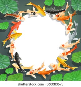 Cartoon carps koi fish. Underwater view with space for text. Vector illustration.