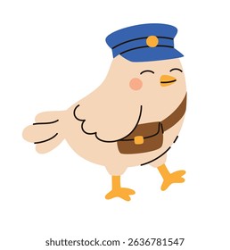 Cartoon carrier pigeon in a hat. Flat vector illustration.