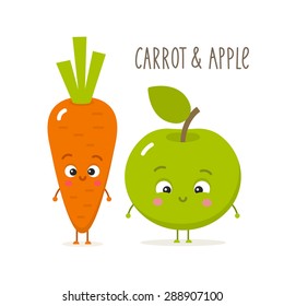 Cartoon carrot and apple with eyes. Isolated illustration on white