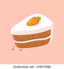 Cartoon carrot cake slice with cream cheese frosting and marzipan carrot decoration. Simple and cute vector clip art illustration.