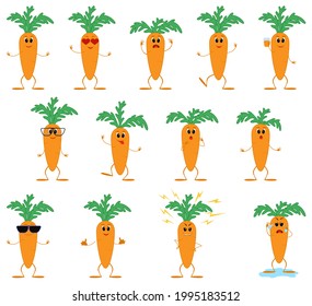 Cartoon carrot character emotion set isolated on white. Cute orange vegetable mascot. Vector illustration.