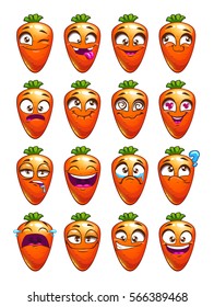 Cartoon carrot character emotions set. Vector vegetable stickers, isolated on white.