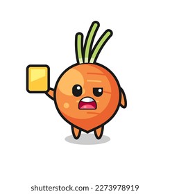 cartoon carrot character as a football referee giving a yellow card , cute style design for t shirt, sticker, logo element