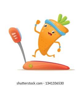Cartoon carrot character running on treadmill isolated on white background. Cute sporty healthy food character making cardio sport exercise. Fitness cardio concept 