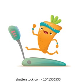Cartoon carrot character running on treadmill isolated on white background. Cute sporty healthy food character making cardio sport exercise. Fitness cardio concept 
