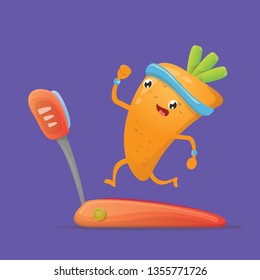 Cartoon carrot character running on treadmill isolated on violet background. Cute sporty healthy food character making cardio sport exercise. Fitness cardio concept