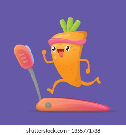 Cartoon carrot character running on treadmill isolated on violet background. Cute sporty healthy food character making cardio sport exercise. Fitness cardio concept