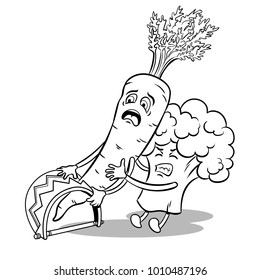 Cartoon carrot fell into trap and broccoli tries to free it coloring vector illustration. Isolated image on white background. Comic book style imitation.