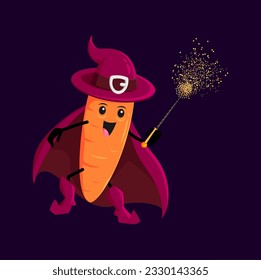 Cartoon carrot Halloween vegetable wizard, witch and mage character with a wand using magic. Vector whimsical magician veggies personage for children book, game, menu or promotion of healthy eating