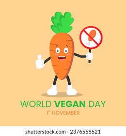 Cartoon carrot holding a sign meat is prohibited suitable for World Vegan Day