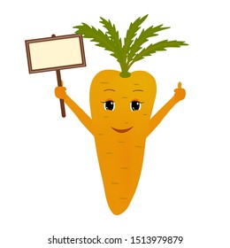 Cartoon carrot isolated on a white background, holds a tablet and shows thumb up