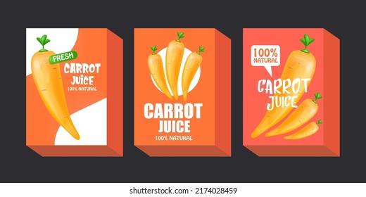 Cartoon Carrot juice packaging design template set. Collection of carrot juice label, poster, banner  and package design. Vegetarian drinks set with vegetable