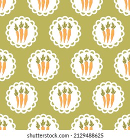 Cartoon carrot on a lace napkin vector seamless pattern. Vegetable, healthy vegan food background. Easter theme texture.