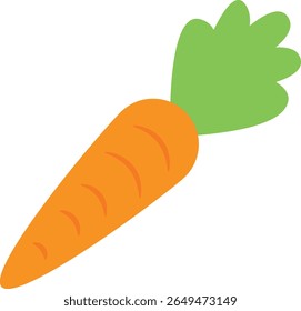 Cartoon carrot with orange body and green leafy top, illustrated in a flat and playful style for food-related, healthy eating, or children’s content.