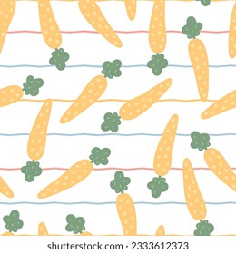 Cartoon carrot seamless pattern in flat style. Hand drawn vector illustration for food packaging, kitchen design, or other commercial use