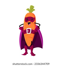 Cartoon carrot super hero vegetable character. Isolated vector funny plant source of carotene vitamin in cloak and mask with arms akimbo. Fairytale healthy food, superhero comics book personage