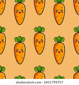 Cartoon carrot vector seamless pattern. Stylized character with smiling face on orange background.