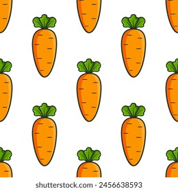 Cartoon carrot vector seamless pattern. Stylized orange vegetable with green leaves and black outline on white background.