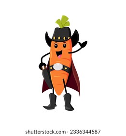 Cartoon carrot vegetable cowboy, sheriff, robber, bandit and ranger character. Vector funny garden plant personage in wild west costume contain hat, cape, belt and boots. Veggies western healthy food