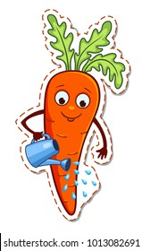 Cartoon carrot water itself from a watering can. Vector illustration isolated on white.  