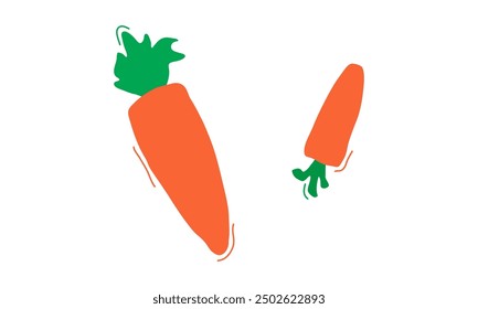 Cartoon carrots hand drawn, cute vegetable doodle set, orange character simple icon. Funny child food isolated on white background. Baby naive vector illustration