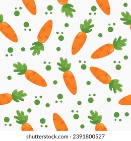 zanahorias de caricatura con un patrón adorno, sin costura. Fondo del tema de Pascua. Diseño plano. Papel tapiz de comida vegetal, vegetal y vegetal saludable.