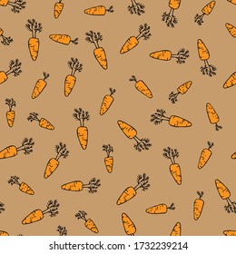 Cartoon carrots seamless pattern on light brown background. Farmers market vegetables. Healthy food Vector doodle illustration. Vegetable Unique design for ads, signboards, packaging, wrapping, web