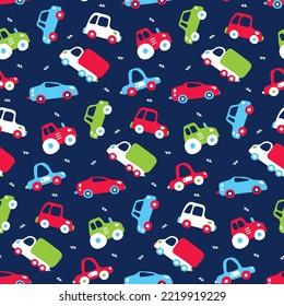 Carros de dibujos animados de fondo para los niños. Patrón de transporte para el diseño de productos textiles para niños, impresión de tela, ropa de bebé. tractor dibujado a mano, bus, auto deportivo, camioneta, camión. Papel tapiz azul oscuro.