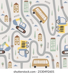 Cartoon cars Background for Kids. Hand drawn Seamless repeat pattern with road and cars. Kids pattern. Vector illustration. Cute designs for fabric, textile, wallpaper, wrapping and more.