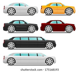 Cartoon cars with big wheels set sedan and limousine