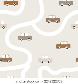 Cartoon cars bohemian style. Seamless pattern with transport. Simple background for the design of a children room, textiles. Cute toy vehicle. Doodle machine design in pastel earth tones. Road map