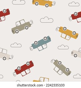 Cartoon cars bohemian style. Seamless pattern with transport. Simple background for the design of a children room, textiles. Cute toy vehicle. Doodle machine design in pastel retro tones. 